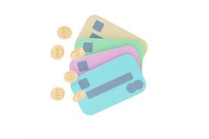 Credit card, floating coins around in the white background. money-saving, cashless society concept. 3D illustration photo
