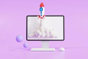 Startup concept with rocket flying out of computer laptop screen on purple background. front view, 3D illustration photo