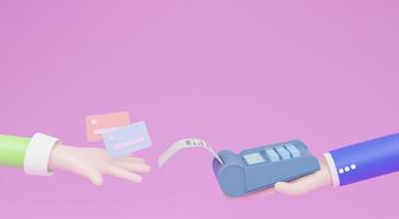 Cartoon hand makes payments with credit card swipe through terminal. customer paying with EDC or swiping machine. buy and sell product or service, 3D illustration photo