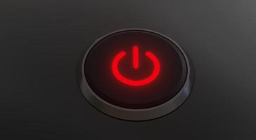 botón de inicio o botón de encendido con luz roja reflectante, representación 3d. foto