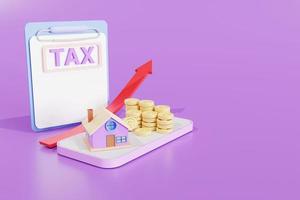 3D Illustration.  House With Gold Coins Statistic  Real Estate Investment Concept. tax and arrow graph. Growth in real estate on mobile phone photo