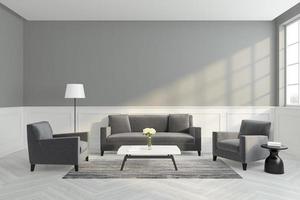 Luxury minimalist living room with gray and white wall cornice,  light wood floors. 3D rendering