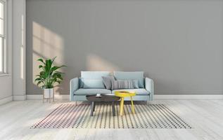 Minimalist living room with light blue sofa and side table, gray wall and light wood floor. 3d rendering photo