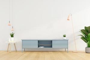 Minimalist living room with Tv cabinet on the white wall. 3d rendering photo