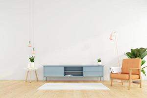 sala de estar minimalista con mueble de televisión en la pared blanca y sillón naranja. representación 3d foto