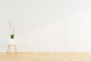 Minimalist empty room with side table on the white wall and hanging lamp. 3d rendering photo