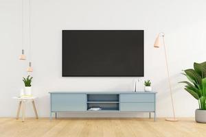 sala de estar minimalista con mueble de televisión en la pared blanca. representación 3d foto