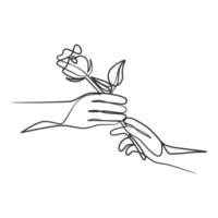 Continuous line art drawing of a hand holding flower vector