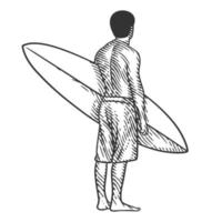 hombre con ilustración de vector de tabla de surf en estilo de grabado