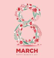 postal de diseño gráfico para el día internacional de la mujer con inscripción del 8 de marzo y tulipanes. tarjeta de felicitación vertical con flor en forma de ocho. vector