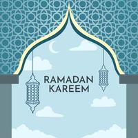 The background of Ramadan with islamic mosque ornaments and blue lanterns and beautiful clouds vector