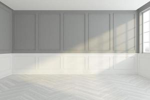 Minimal style empty room with gray and white wall cornice, wood floor. 3D rendering photo