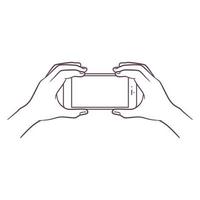 Line art drawing of hand holding smart phone vector