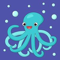 Funny cartoon octopus under the sea with bubbles. Cute illustration in flat style. Marine and ocean animal. Blue smiling octopus. Print for children books, clothes, cards, nursery decor vector