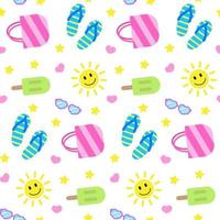 Summer seamless pattern, colorful elements on dark board. Smiling sun, bag, sunglasses, and ice creams. Vector illustration in flat style. Print for textile, wrapping paper, design and decor