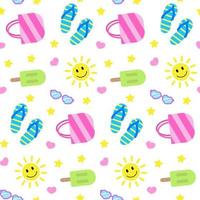 Summer seamless pattern, colorful elements on dark board. Smiling sun, bag, sunglasses, and ice creams. Vector illustration in flat style. Print for textile, wrapping paper, design and decor