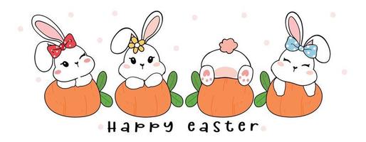 group of cute white bunny baby rabbit on orange carrots, happy easter, cartoon drawing outline vector idea for banner