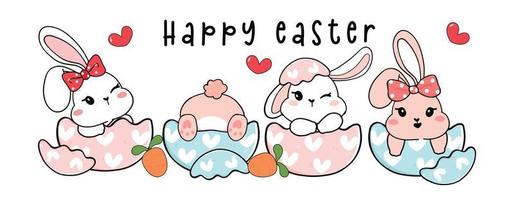 Cute Happy Easter adorable bunny rabbit in broken egg shield banner cartoon drawing outline vector