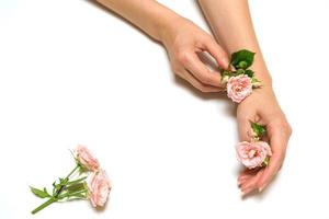 manos de moda femenina con cosmética natural, rosas rosas hermosas flores foto