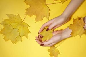 mujer de la mano del arte de la moda en otoño y hojas en su mano con un maquillaje brillante que contrasta. foto de belleza creativa manos chicas fondo amarillo con sombras de colores. protección de la piel