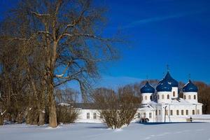 a white temple with blue domes among the trees in winter photo