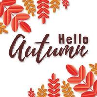 Vector background with hand lettering Hello autumn and leaves isolated on white background.