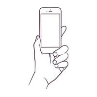 Line art drawing of hand holding smart phone vector