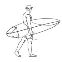 dibujo de línea continua de un surfista con una tabla de surf vector