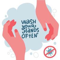 Coronavirus, protect yourself covid-19. Wash your hand often. Vector flat illustration, banner. Two hands in soapy foam. Side view