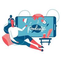 Podcast listening concept. Webinar, online training, tutorial podcast. Young female listening to podcasting sitting on the floor next to big phone. Vector flat illustration.