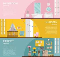 Set of colorful graphic room interiors bathroom with toilet nursery with canopy, cupboard, home office with desk, Workplace Cabinet Room.3 Banners with home furniture. Flat cartoon vector illustration