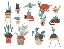 colección de lindos personajes felinos jugando con plantas caseras de moda. conjunto de muchos tipos de flores interiores en una maceta - palma, cactus, ficus. lindos personajes de gatos para carteles, postales, estampados de camisetas vector