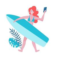 mujer joven en traje de playa de verano haciendo selfie, disfrutando de vacaciones, piel bronceada, ropa deportiva. ilustración de dibujos animados de estilo plano vectorial, aislado, fondo blanco. vector