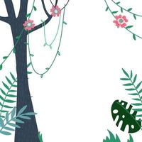 hojas de selva y póster de ilustración vectorial de marco tropical de verano. bienvenidos a la jungla, hojas de palma con flores exóticas de la jungla, tronco de árbol y liana para la pancarta o afiche de venta de verano. vector