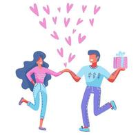 pareja enamorada. el hombre y la mujer muestran el corazón con las manos. familia sosteniendo corazones alrededor. concepto de romance y día de san valentín. personajes para tarjeta navideña. ilustración de dibujos animados plano vectorial vector