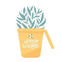Recycling trash bin for waste sorting poster. Cans for different types of litter, such as plastic, glass and paper. Eco friendly concept design with green leaves growing from the bin. Flat vector