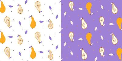 Seamless pattern with pears, seed and leaves on white background. Flat hand drawn vector illustration.