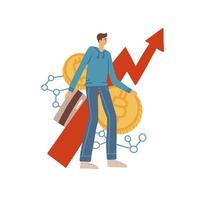 Young man in hoodie buying his first bitcoin. Growing chart. Cryptocurrency market, blockchain technology isolated concept. Red arrow, caucasian hipster. Investing in bitcoin. Flat vector illustration