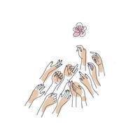 Cherry abstract flower over many female hand. Hand drawn line art style. Magic feminine design. Women arms with mystic flower Isolated on white background. Composition of Hands reaching out to the bud vector