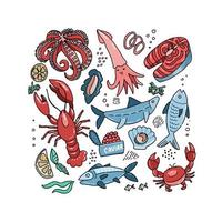 Set of flat color doodle hand drawn rough simple seafood sketches. Vector illustration on white background. Fish slices, lobster, crab, squid for web design, textile prints, covers, posters, menu