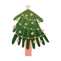 Decorated Christmas tree. Green and beautiful fir tree with garlands, star and balls. Happy New Year clipart. Freehand isolated element. Vector flat Illustration. Only 5 colors, Easy to recolor.