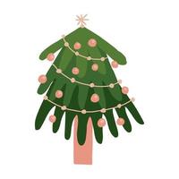 árbol de navidad decorado. abeto verde y hermoso con guirnaldas, estrellas y bolas. imágenes prediseñadas de feliz año nuevo. elemento aislado a mano alzada. ilustración plana vectorial. solo 5 colores, fácil de volver a colorear. vector