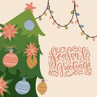 Christmas tree decorated with pointsettia and balls. Greeting card with hanging garland and hand drawn lettreing. Flat vector illustration isolated on white background for invitations, print, banner.