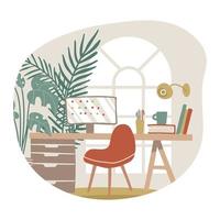 concepto aislado interior de la sala de estar, espacio de trabajo hygge con ventana, mesa, silla, pantalla para trabajo independiente. oficina en casa. ilustración dibujada a mano plana. vector