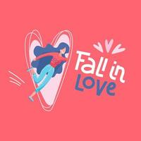 Single Girl falls into the portal in the form of a heart. Romantic cute illustration about love and relationship. Fall in love trendy lettering. Vector design concept for Valentine s Day. 14 February