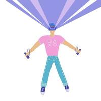 Excited man wearing VR headset in action with virtual reality. Front side of guy in VR glasses in abstract rays. Boy playing video game. Vector flat illustration.