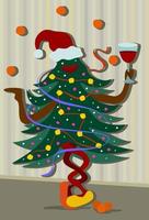 New Year fir tree dancing with glass of red wine. vector