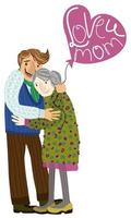 Love you, mom. Son embraces his mother. Mother's Day concept. Vector isolated illustration.