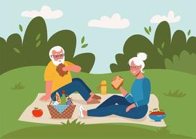 pareja de ancianos haciendo picnic al aire libre ilustración de boceto de vector plano de jubilación feliz. anciano y mujer sentados en el suelo.