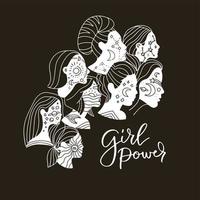 Women unity concept in black white, abstract aesthetic minimal linear style. Female faces with moon, stars, sun. Glamour trendy girl Silhouette composition. with lettering quote Girl power. vector